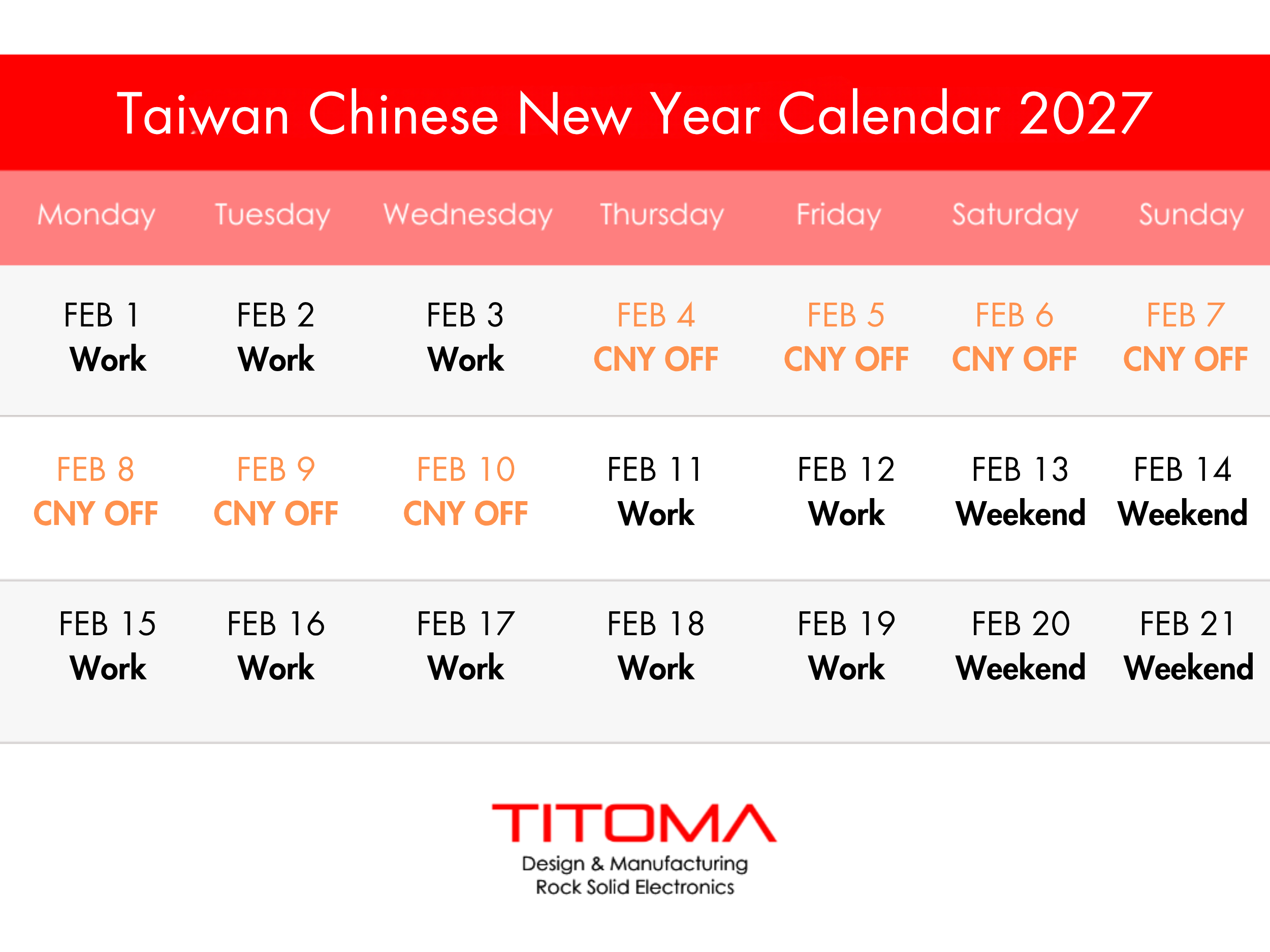 Taiwan Chinese New Year calendar 2027 showing the government holiday from February 4 to 10.