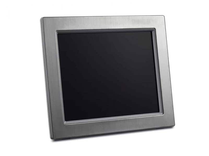 A silver digital signage display with a black screen.
