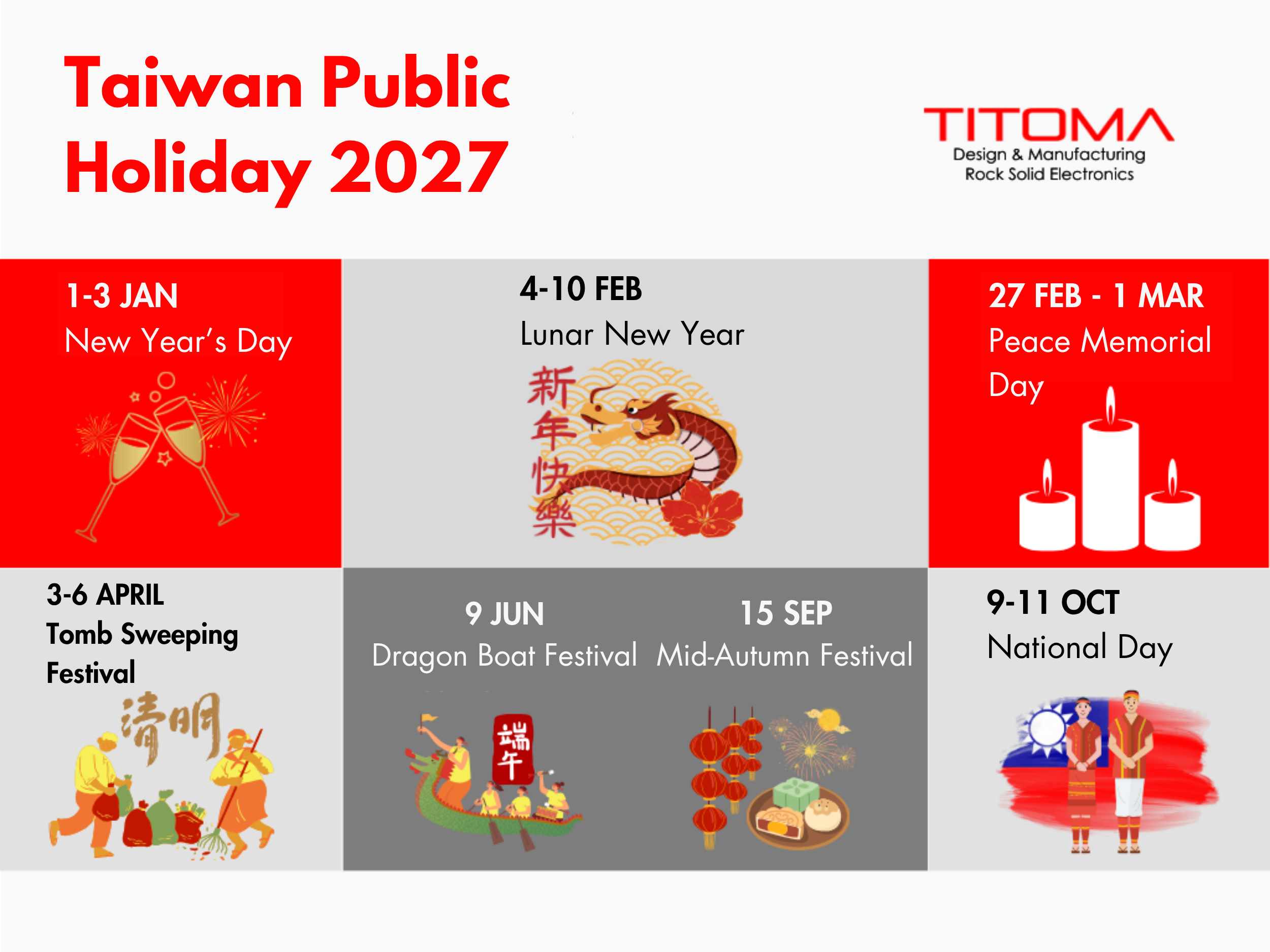 Selected Taiwan public holidays in 2027, including Lunar New Year, Dragon Boat Festival, and Mid-Autumn Festival.