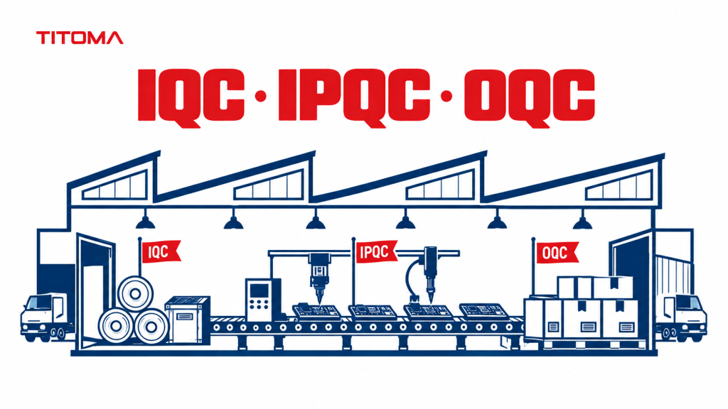 IQC, IPQC, and OQC quality checkpoints across an electronics production line