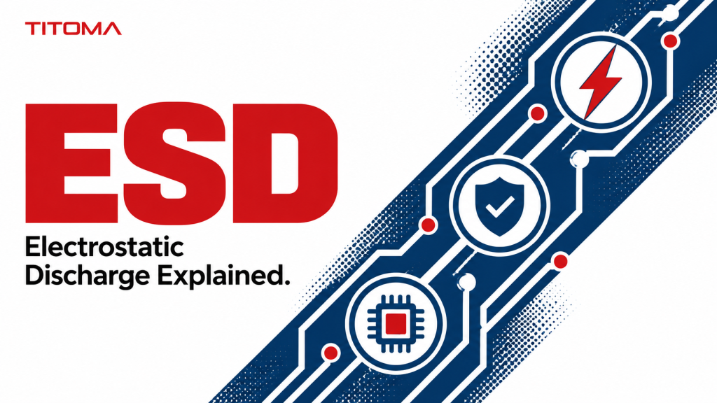 ESD electrostatic discharge explained with electronics circuit traces, lightning symbol, and protection icons.