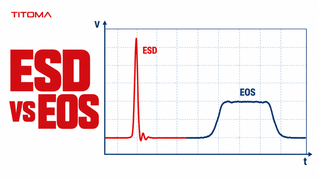 ESD versus EOS waveform comparison showing a short high-voltage ESD spike and a longer EOS pulse.