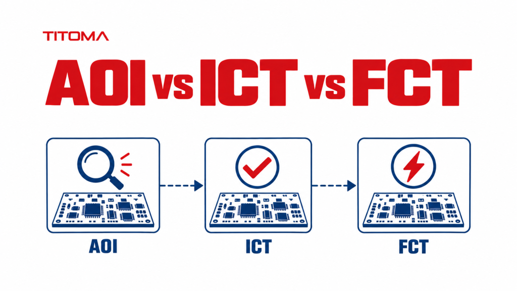 AOI, ICT, and FCT comparison showing PCB inspection, electrical test, and functional test.