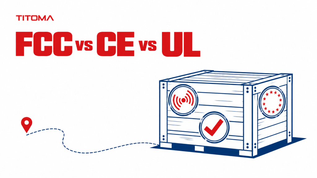 FCC, CE, and UL compliance for an electronic product prepared for international markets.