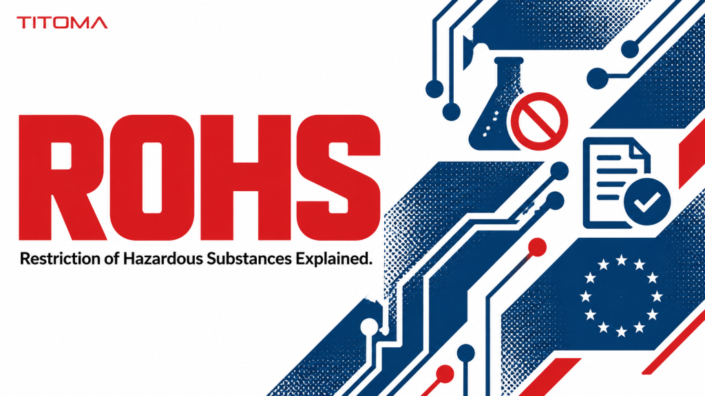 RoHS: Restriction of Hazardous Substances explained, with circuit traces, compliance icons, and EU stars.