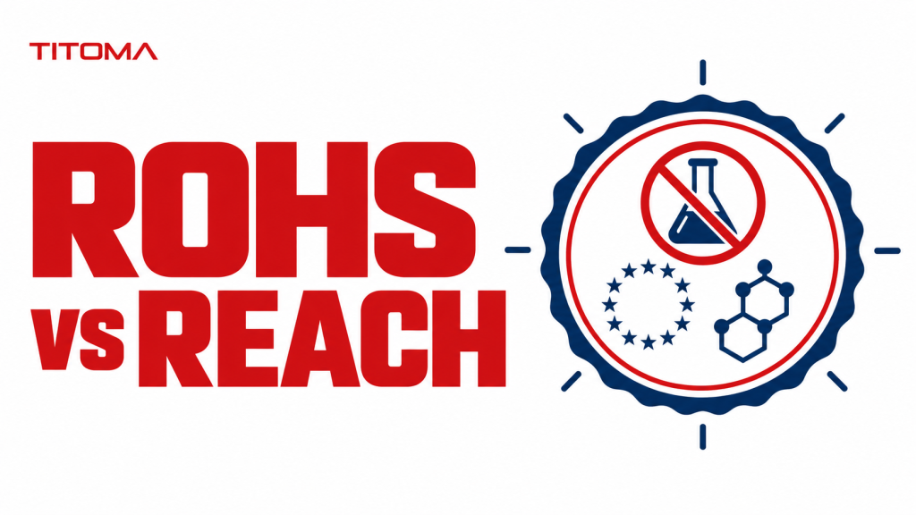 RoHS vs REACH comparison graphic with EU stars and chemical compliance symbols.