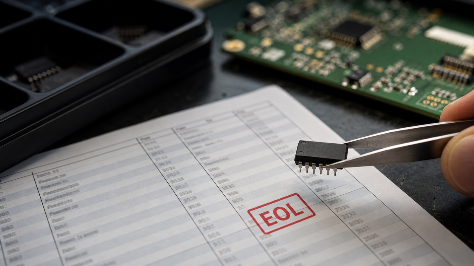 Engineer checking a BOM row marked EOL while holding an obsolete electronic component