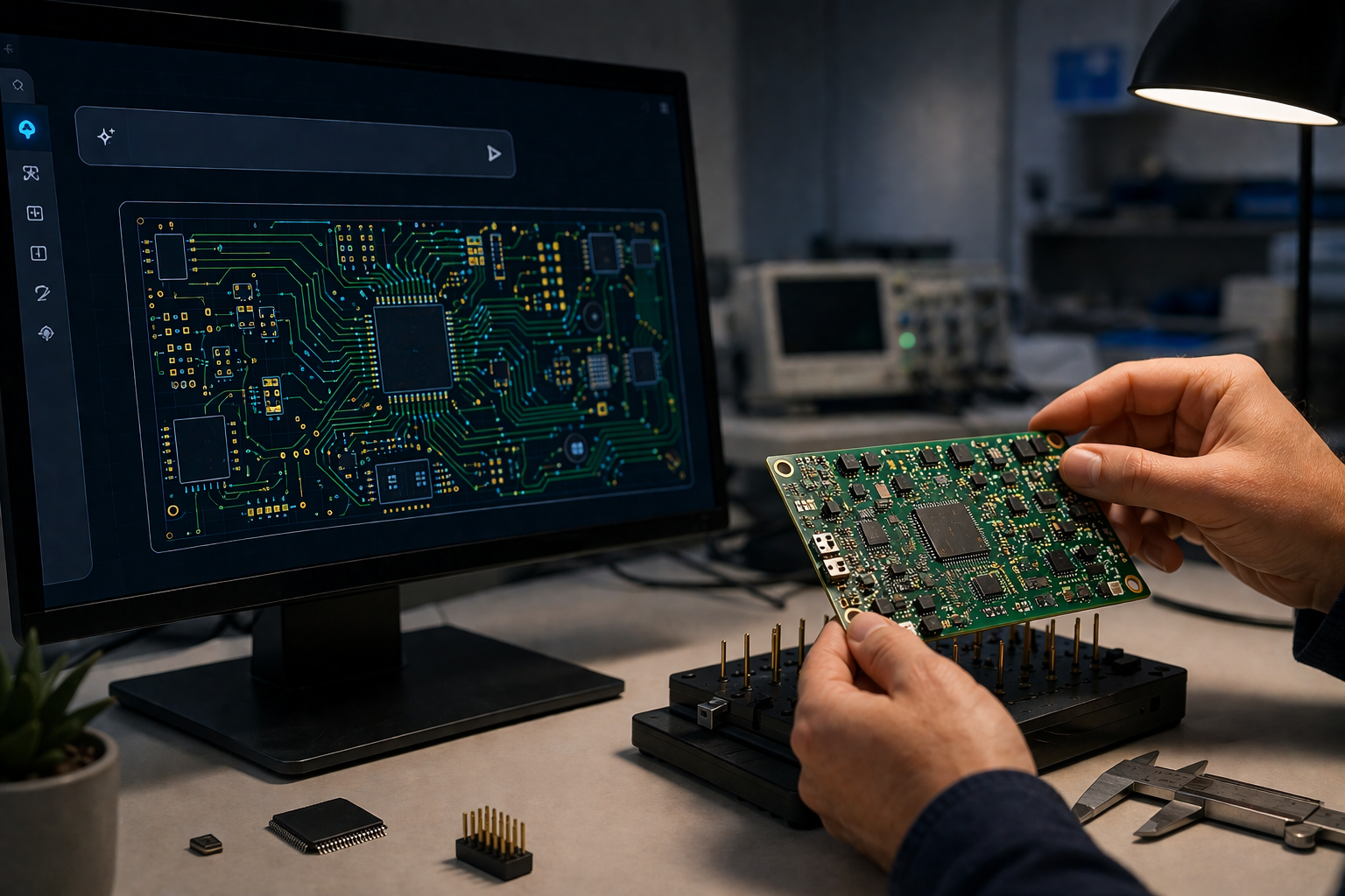 Engineer reviewing a physical PCB above a test fixture while an AI PCB design tool shows a generated layout on screen.