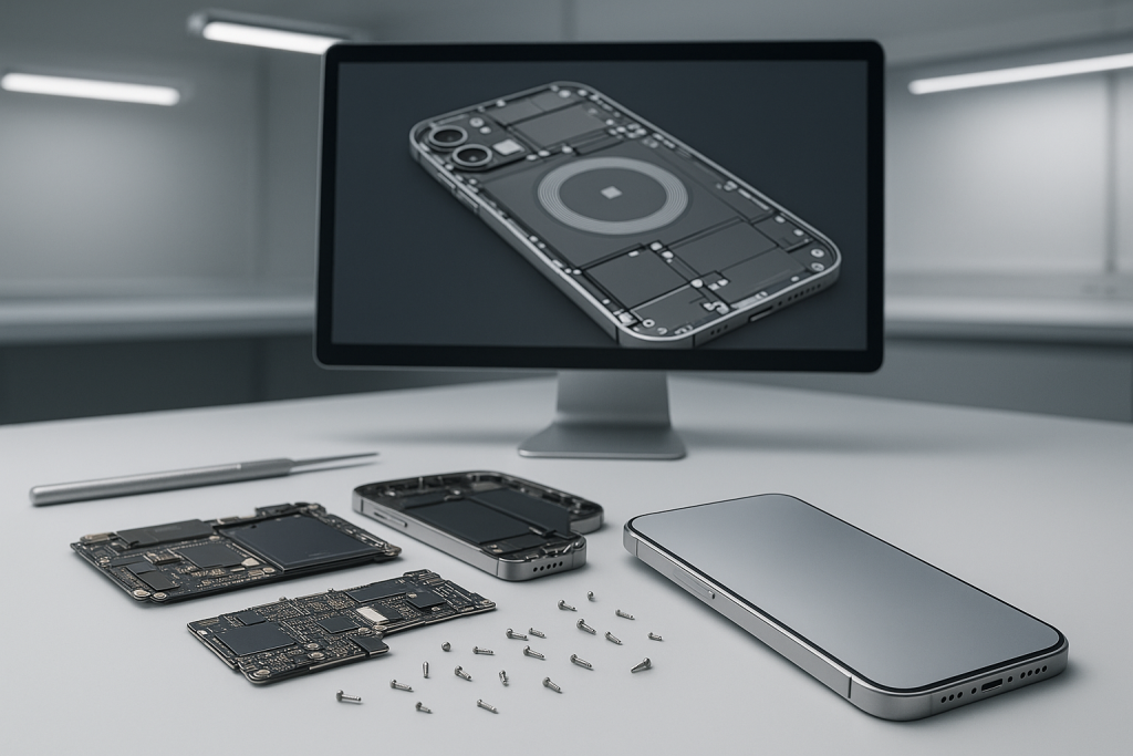 Modern smartphone design CAD and disassembled components on a clean assembly desk, representing OEM outsourcing strategy