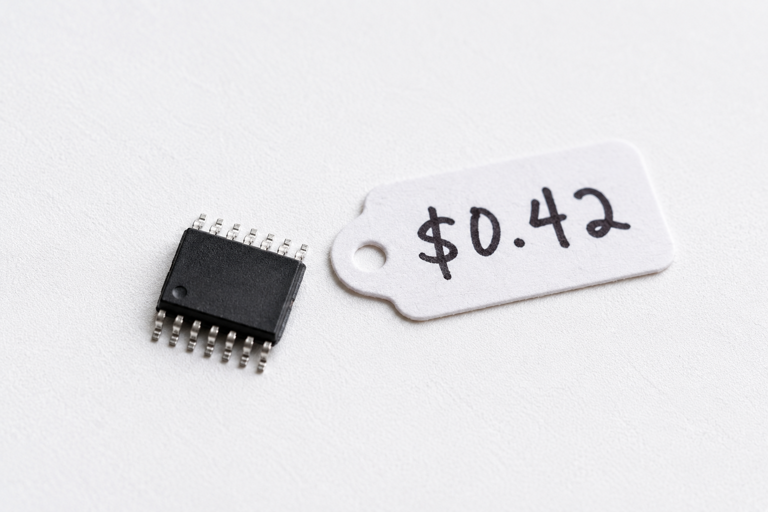 Small IC chip next to a handwritten price tag, representing BOM cost reduction for electronics manufacturing.