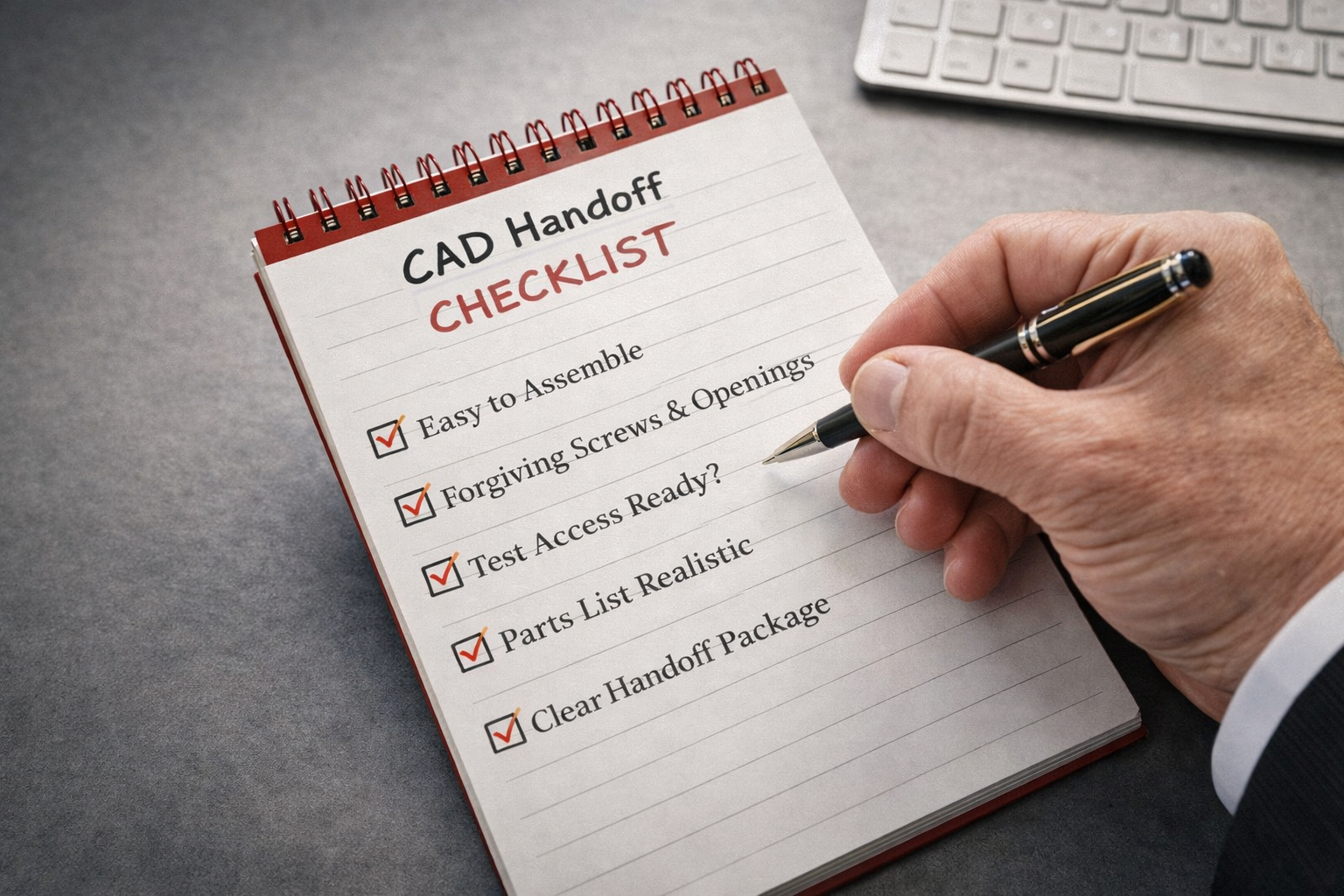 CEO hand checking a CAD handoff checklist before sending files to a factory