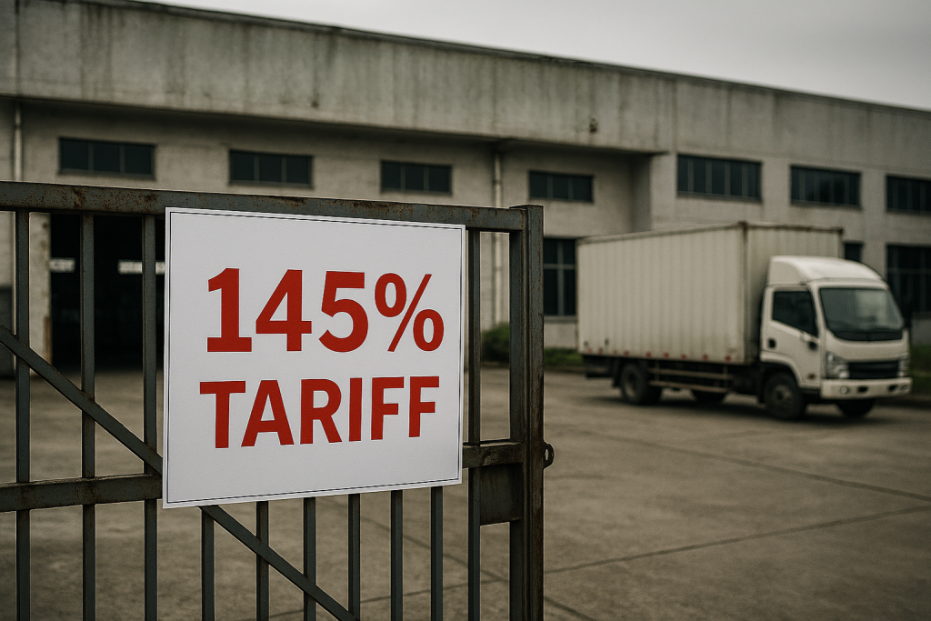 Closed Chinese electronics factory with 145% tariff sign on gate, symbolizing impact of Trump’s 2025 import tariffs.