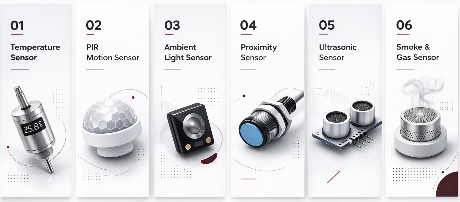 A 6-panel grid infographic showing common hardware sensors including Temperature, PIR Motion, Ambient Light, Proximity, Ultrasonic, and Smoke & Gas sensors for electronic product development.