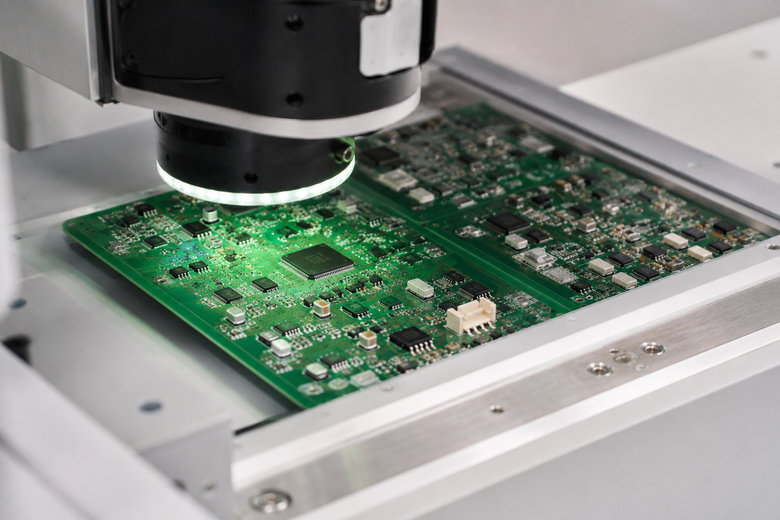 AOI machine scanning a green PCB with SMT components during electronics manufacturing inspection