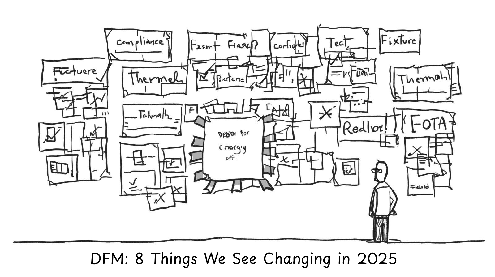 Hand-drawn cartoon of an engineer looking at a wall covered in sticky notes with words like compliance, thermal, FOTA, and test. Center note reads Design for Manufacturing. Caption says DFM: 8 Things We See Changing in 2025.