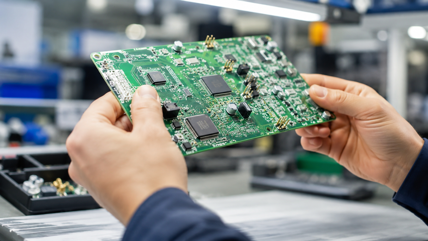 Engineer inspecting a PCB at an electronics manufacturing facility in Taiwan