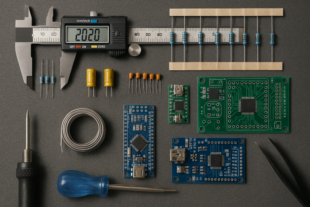 Organized electronics manufacturing tools and PCB boards on a workspace table