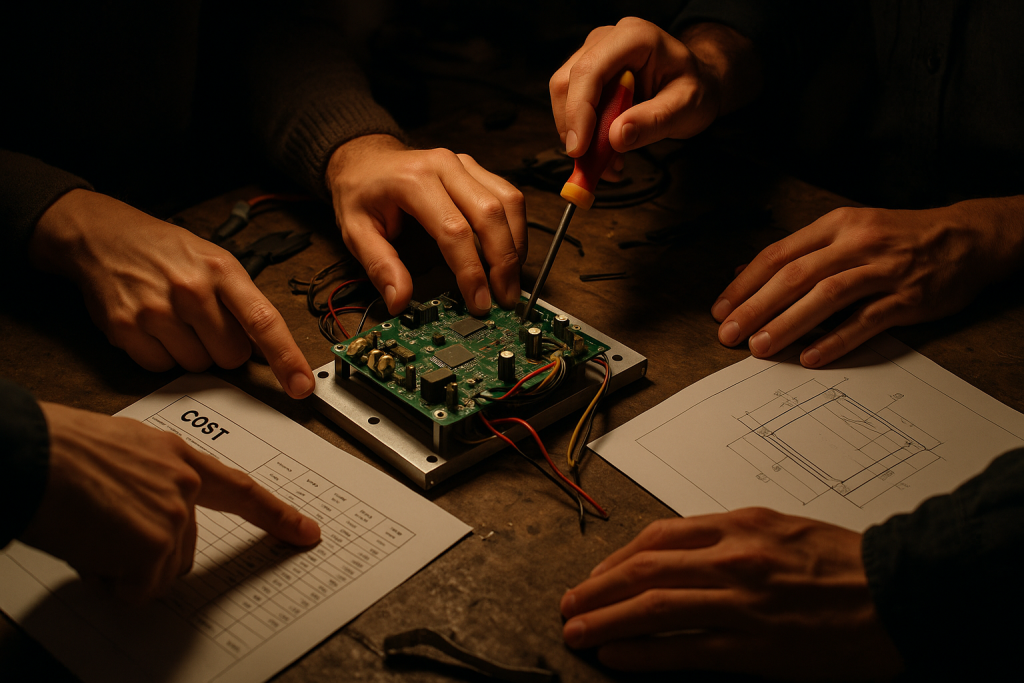 Four engineers working hands-on around a green PCB prototype, reviewing mechanical drawings and a cost sheet during an electronics product development meeting. No faces visible, teamwork and iteration in focus.