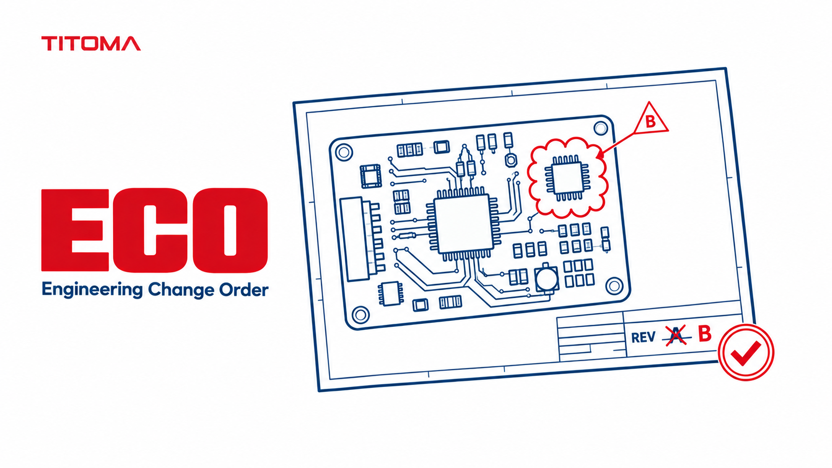 Engineering change order (ECO) blueprint showing a PCB component changed from revision A to B with an approval checkmark