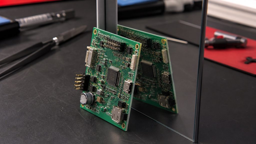 PCB reflected in a mirror to represent a copied electronics design