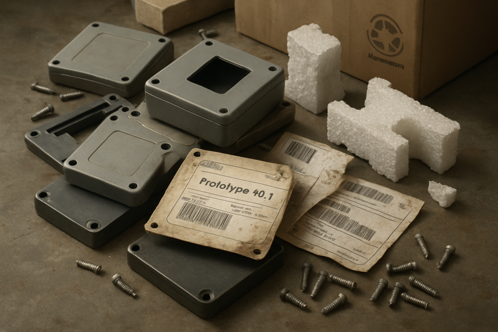 Disassembled electronic prototype casings with screws and foam packaging, labeled Prototype 40.1, highlighting hardware prototyping waste