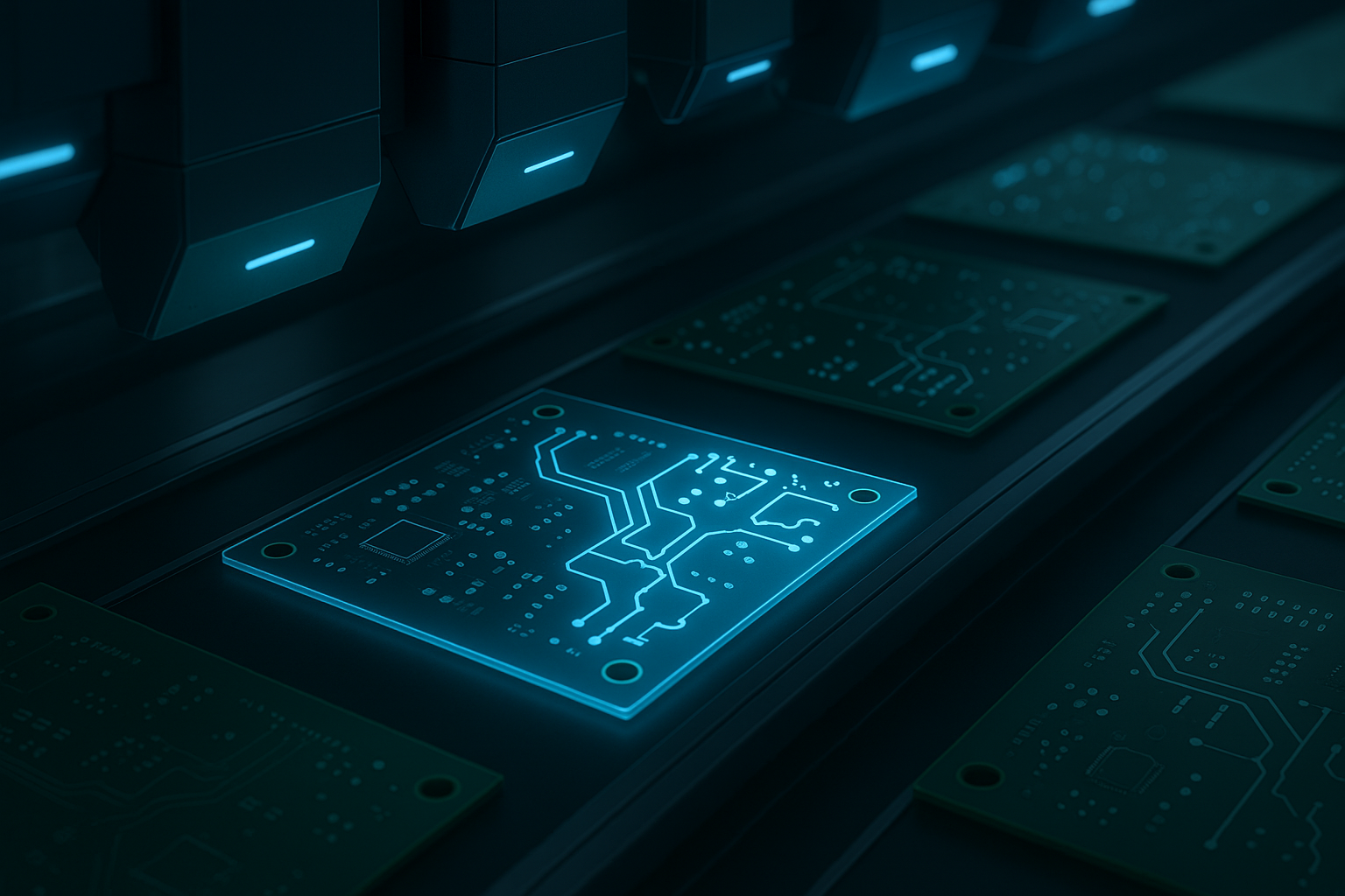 Glowing PCB design on a factory line symbolizing the hidden side of Design for Manufacturability (DFM)