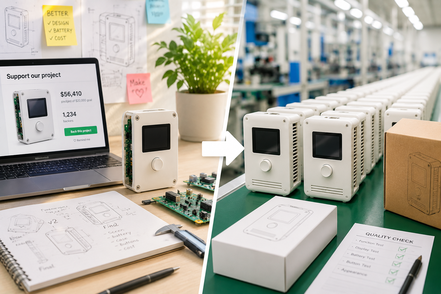 Kickstarter hardware prototype moving into mass production with assembled electronic devices on a factory line.