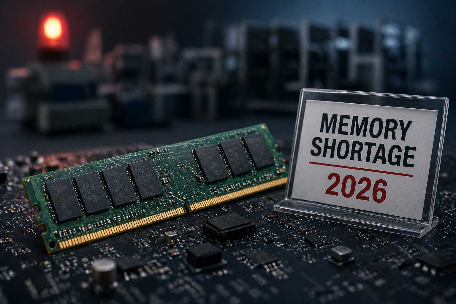 PCB with DDR5 memory module beside a Memory Shortage 2026 sign, showing supply chain risk in electronics manufacturing.
