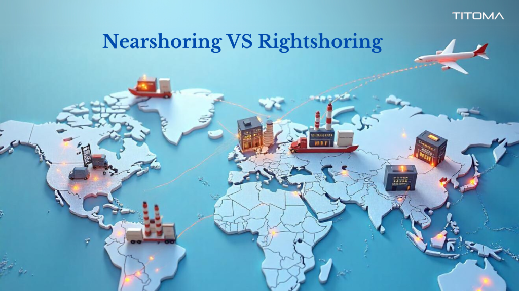 A world map showing supply chain routes for Nearshoring vs. Rightshoring. Factories, warehouses, and logistics hubs illustrate differences in global manufacturing strategies