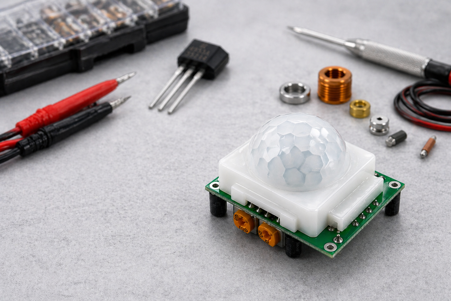 Close-up of a PIR motion sensor module on a gray workbench with electronics tools in the background