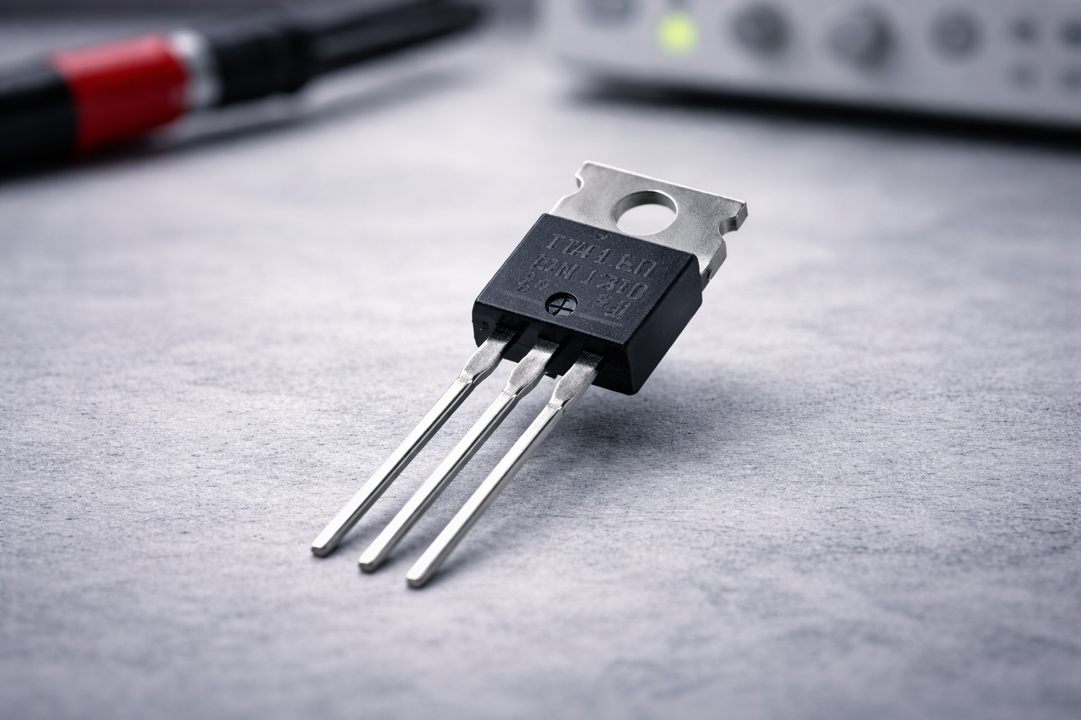 Close-up of a TO-220 power transistor on a gray workbench with blurred test equipment in the background