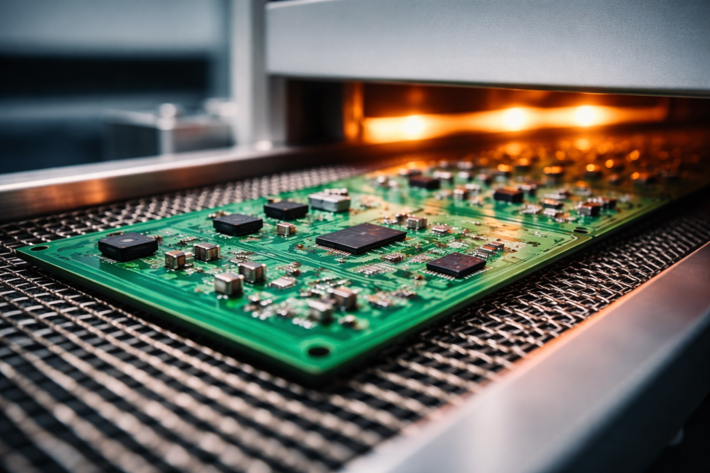 PCB entering a reflow oven on a conveyor during SMT assembly