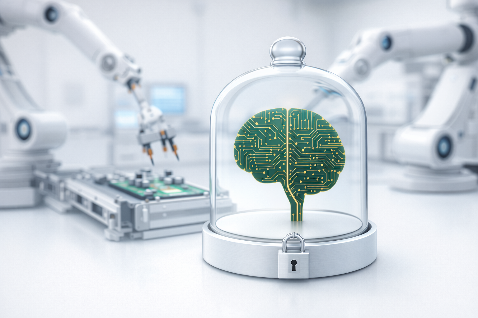 Locked circuit brain under glass dome while robotic arms assemble electronics in the background