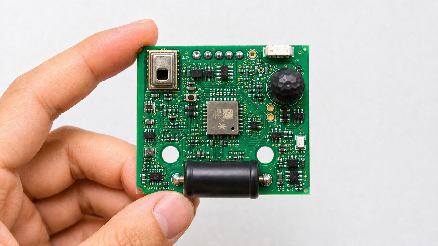 Hand holding a sensor PCB board used in an embedded electronics product