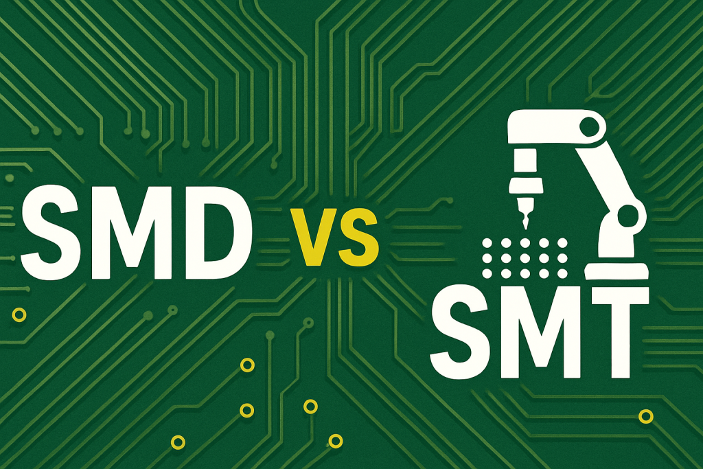 Illustration showing the difference between SMD (Surface-Mount Device) and SMT (Surface-Mount Technology) with PCB background and robotic arm