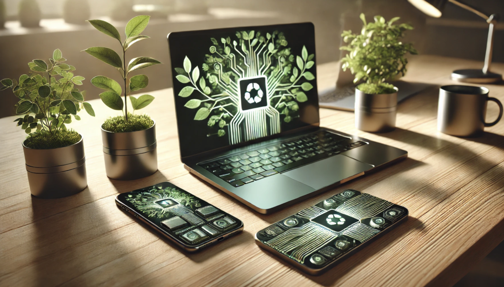 A modern laptop and smartphone made from recycled aluminum and biodegradable materials, placed on a wooden table with greenery. A glowing circuit board integrated with plant roots symbolizes sustainable electronics product design