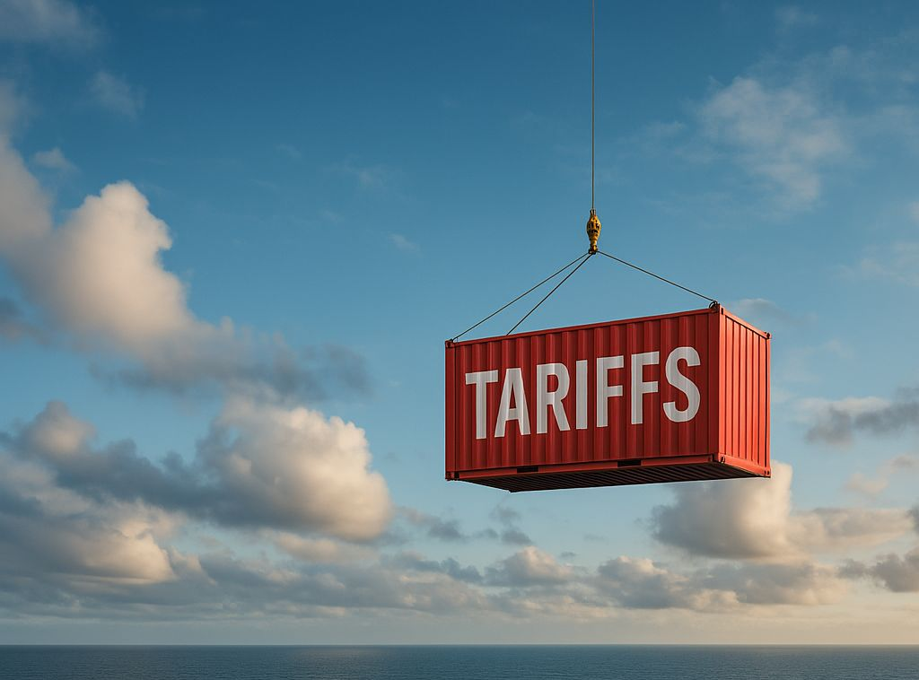 Shipping container labeled “TARIFFS” being lowered onto a cargo ship at sea