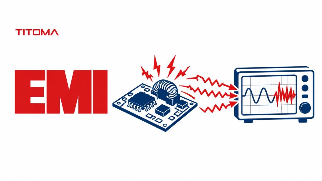 Electromagnetic interference from a PCB measured on an oscilloscope.