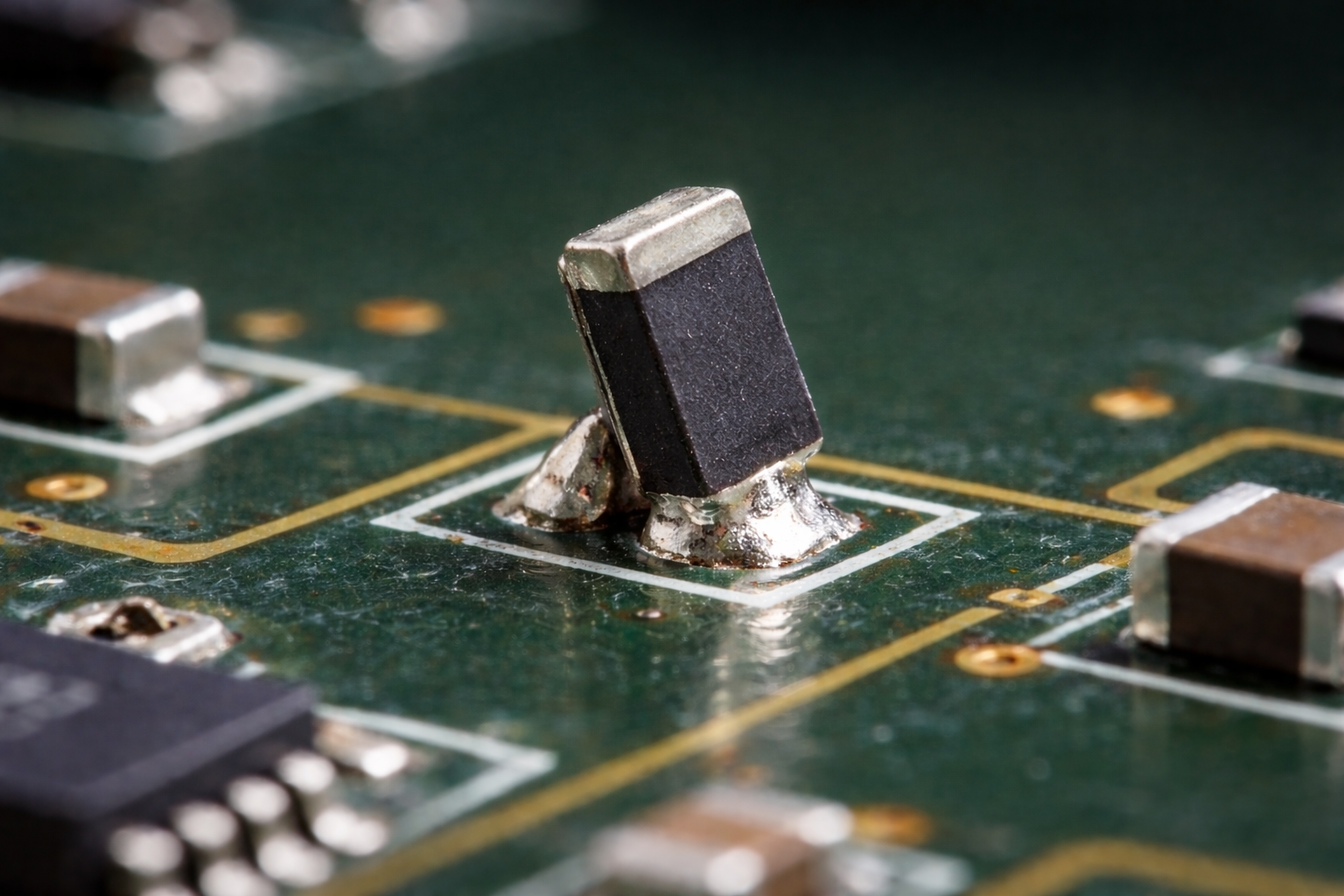 Close-up of a tombstoned SMD component standing upright on a green PCB during SMT assembly