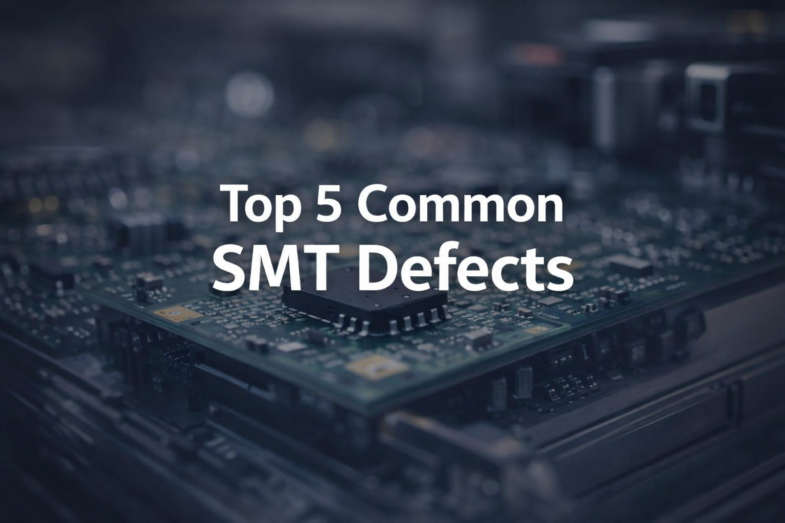 Blurred SMT circuit board background with the headline Top 5 Common SMT Defects in white text